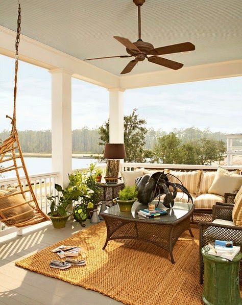 Coastal porch in sandy tones... and check out that funky (giant_ shell sculpture on the table! http://www.completely-coastal.com/2015/06/coastal-summer-porch-decor-ideas.html Traditional Porch, Hamptons Decor, Summer Porch Decor, Terrace Furniture, Outside Furniture, Summer Porch, Patio Balcony, Beautiful Outdoor Spaces, Landscape Designs