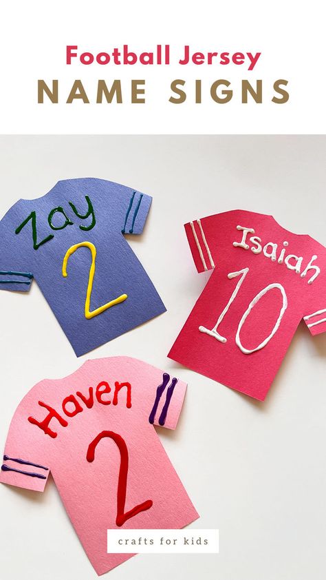 football jersey name sign craft for kids Sports Week Activities For Kids, Super Bowl Crafts, School Spirit Crafts, Team Spirit Crafts, Sport Themed Crafts, Kids Sports Crafts, Sports Activities For Kids, Put God First, Toddler Sports