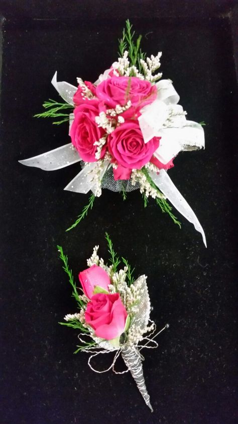 White Corsage With Pink Accent, Pink Rose Corsage Prom, White Flowers With Pink Accents, Hot Pink Rose Corsage, Pink And White Corsage Prom, Fushia Corsage Prom, Pink Homecoming Corsage, Pink Bouquet Flowers Prom, Hot Pink Boutonniere Prom