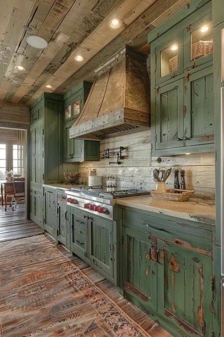 Farmhouse Kitchen Cabinet Colors, Farmhouse Decor Above Kitchen Cabinets, Decor Above Kitchen Cabinets, Farmhouse Kitchen Cabinet, Rustic Farmhouse Kitchen Cabinets, Western Kitchen, Turquoise Kitchen, Log Cabin Ideas, Above Kitchen Cabinets