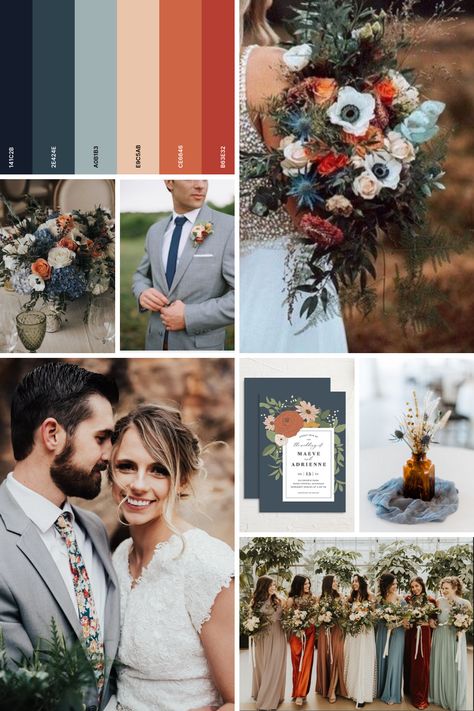 Blue Green Orange Wedding Colors, Fall Wedding Colors Dusty Blue, Terracotta And Slate Blue Wedding, Orange And Blue Rustic Wedding, Dusty Blue And Rusty Orange Wedding, Dusty Blue And Orange Color Palette, Fall Wedding Orange And Blue, Dusty Blue And Rustic Orange Wedding, Terracotta And Dusty Blue Wedding