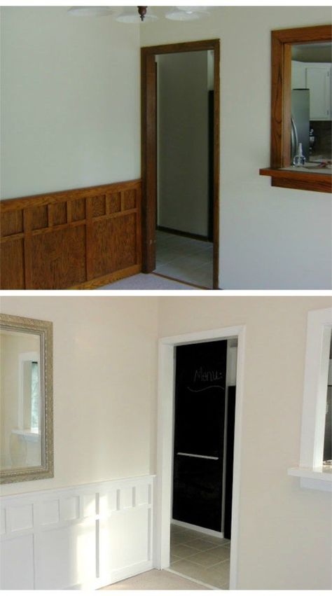 Before and after, ideas to update dark wood trim and wall panelling with white paint Painting Wood Trim, Dark Wood Trim, Best Neutral Paint Colors, Wood Light Fixture, Room Decor Dark, Internal Door, Interior Painting, Trendy Living Rooms, Room Paint Colors