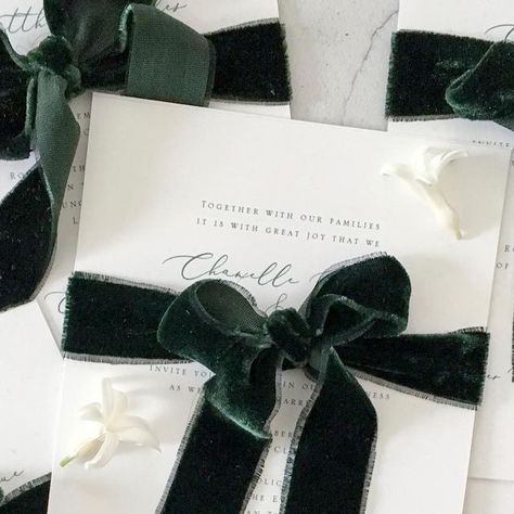 Katie | Designer on Instagram: "Christmas inspired invitations for a Christmas wedding that took place yesterday 🖤 Huge congratulations Chanelle and Matthew.
.
I’m still obsessed with @silkandpurl velvet green ribbon. It’s as beautiful in real life. .
.
.
.
.
.
#christmaswedding #weddinginvitations #weddingstationery #weddingday #weddingplanning #thislove #weddingstyle #luxeweddings #luxurywedding #love #details #happilyeverafter #justengaged #thatsdarling #shesaidyes #misstomrs #letsstartweddingplanning #artisan #fineartwedding #lovestory #reallifelovestory #truelove" Just Engaged, Instagram Christmas, Green Ribbon, Fine Art Wedding, Christmas Wedding, Happily Ever After, Luxury Wedding, True Love, Wedding Styles