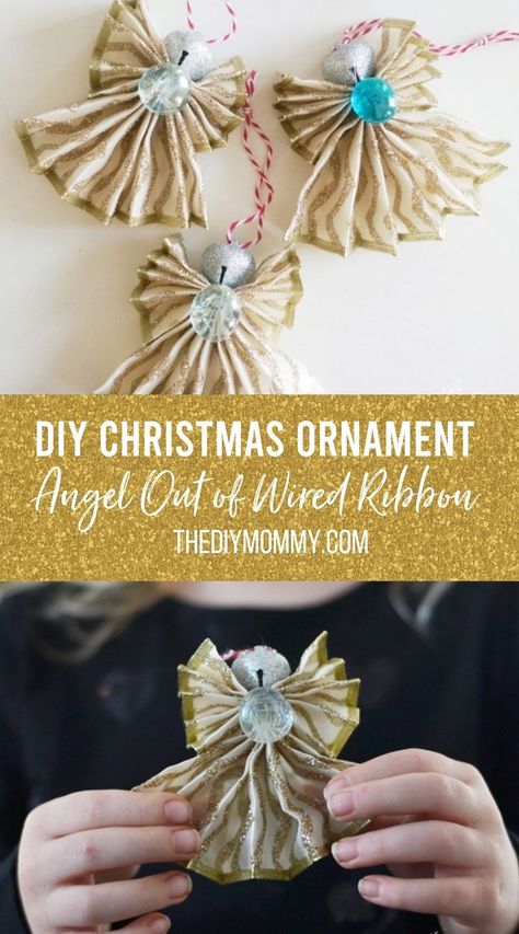 How to Make A Christmas Angel Ornament out of Wired Ribbon (A Kid’s Craft) Wired Ribbon Angels Diy, No Sew Angel Ornament, Ribbon Angels Diy, How To Make Christmas Angels, Xmas Angels To Make, Diy Angel Ornaments How To Make, Ribbon Angel Ornaments Diy, Angel Ornaments Diy Easy, Ribbon Angels How To Make