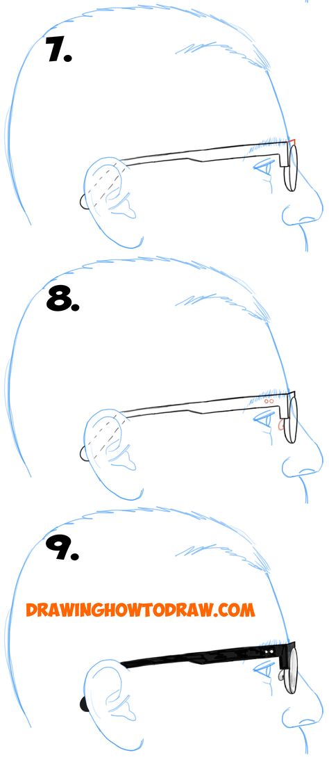 How to Draw Glasses on a Person's Face from the Side Angle View (Profile) easy steps drawing lesson Side Glasses Drawing, Person With Glasses Side Profile, How To Draw Glasses Side View, Glasses Drawing Reference Side View, Side Profile Glasses Drawing, Glasses From The Side Drawing, Glasses Side View Drawing, Side View Glasses, Glasses On Men