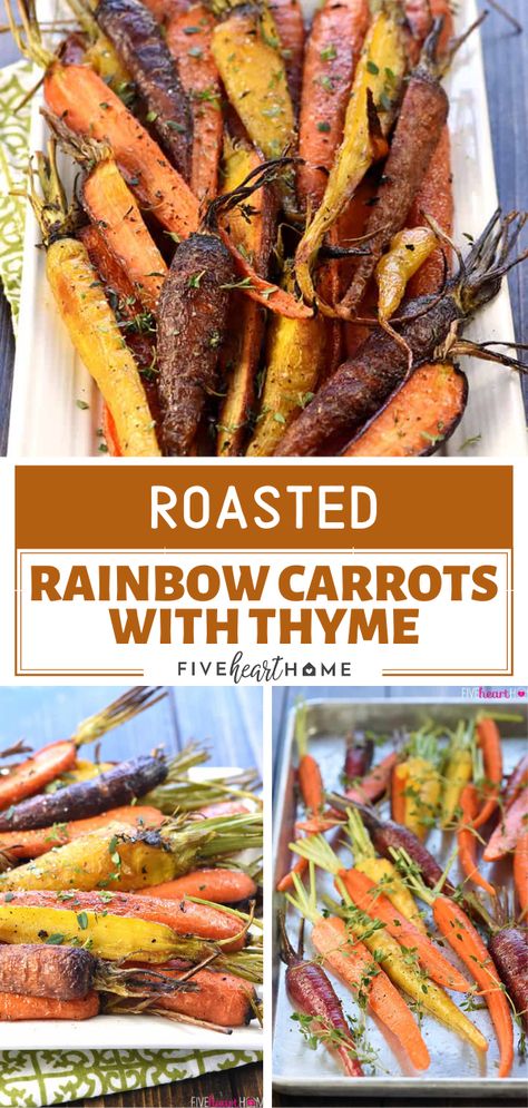 Herb Roasted Tri Colored Carrots, Roasted Easter Carrots, Easter Dinner Carrots, Carrot Medley Recipes, Roasted Thyme Carrots, Easter Sides With Lamb, Multi Color Carrots Recipe, Easter Veggies Sides, Rainbow Roasted Carrots