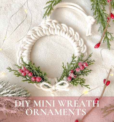 DIY Macrame Christmas wreath Ornaments - Megan Dauphinee Living Easy Beginner Macrame, Diy Mini Macrame, Christmas Tree Wreath Diy, Macrame Christmas Wreath, Christmas Wreath Ornaments, Diy Macrame Christmas, Macrame Christmas Ornaments, Beginner Macrame, Macrame Wreath