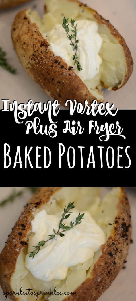 Instant Vortex Plus Air Fryer Baked Potatoes are the way to go for that restaurant quality baked potato. Crispy skin and light and fluffy potato inside, waiting for you to dress it up with your favorite toppings. Air Fryer Recipes Chips, Air Fryer Recipes Meat, Air Fryer Recipes Low Carb, Air Fryer Recipes Breakfast, Best Baked Potato, Air Fryer Recipes Snacks, Air Fryer Baked Potato, Making Baked Potatoes, Air Fryer Oven Recipes