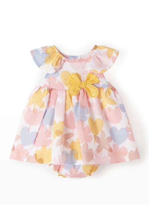 K1JN1 Mayoral Girl's Floral-Print Bow Dress w/ Bloomers, Size 3-24M Frock For Kids, Lace Frocks, Frocks For Kids, Girls Designer Dresses, Girls Party Wear, Baby Frock Pattern, Yellow Bow, Frock Patterns, Girls Floral Dress