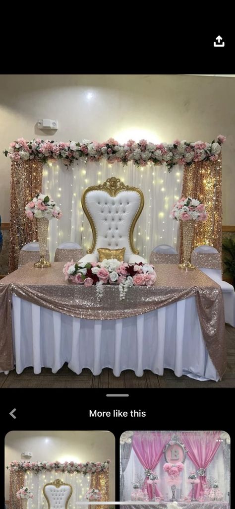 Sweet Sixteen Head Table Ideas, Light Pink And Gold Sweet 16 Ideas, Quince Center Table Decorations, Quinceanera Head Table Ideas, Main Table Ideas Quinceanera, Sweet 16 Main Table, Pink Quinceanera Throne, Pink Centerpieces Quinceanera Diy, Pink And Champagne Sweet 16