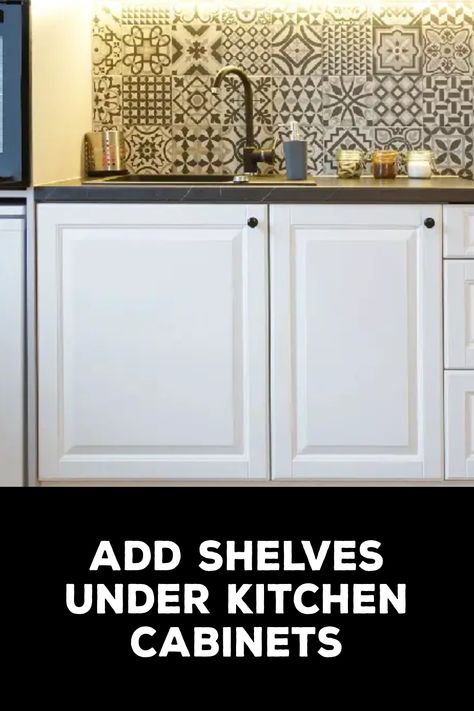 How to Add Shelves Under Kitchen Cabinets How To Add Shelves To Kitchen Cabinets, How To Add Shelves To A Cabinet, Shelves Under Kitchen Cabinets, How To Make Kitchen Cabinets, Under Cabinet Shelf, Teak Shower Stool, Sleep Number Bed, Space Saving Hacks, Shelf Board