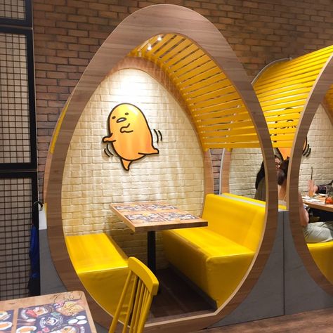 Gudetama Café Singapore | Sweet Happy News Blog - Sanrio Food Room Design, Egg Restaurant Design, Open Cafe Design, Gudetama Cafe, Cool Restaurant Design, Egg Gudetama, Cute Restaurant, Small Restaurant Design, Bar Deco