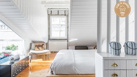 My Favorite Airbnb in Lisbon: A Light-Soaked Loft with a Terrace in Bustling Chiado Pretty Beach House, Beachside House, French Doors Bedroom, Heritage Building, White Marble Bathrooms, Snug Room, Shower Backsplash, Bedroom Nook, Grey House