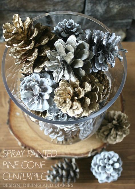 Make this beautiful spray painted pinecone centerpiece with these awesome tips from Taryn at Design, Dining, and Diapers. Lantern Table Centerpieces, Wooden Box Centerpiece, Pinecone Centerpiece, Spray Paint Projects, Table Centerpieces Diy, Painted Pinecones, Kitchen Table Centerpiece, Diy Spray Paint, Lantern Centerpieces