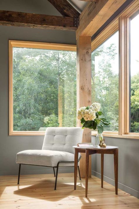 Marvin Windows And Doors, Pine Trim, Post And Beam Home, Marvin Windows, Corner Window, Modern Barn House, Wood Cladding, Interior Windows, Rustic Retreat