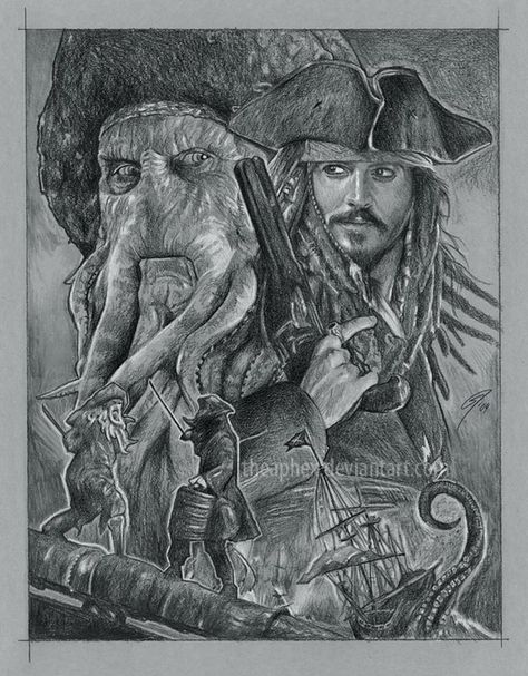 Davy Jones vs Capt. Jack by GabeFarber Jack Sparrow Dibujo, Caribbean Poster, Pirate Ship Tattoos, Jack Sparrow Wallpaper, The Carribean, Concept Drawing, Kaptan Jack Sparrow, Pirate Tattoo, Grey Paper