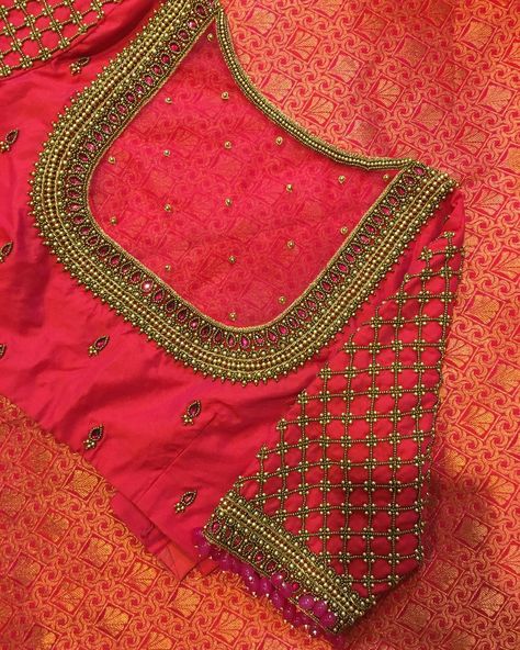 Arri Work Net Blouse, Heavy Bead Work Aari Blouse, Aari Work Grand Neck Design, Net Design Aari Work Blouse, Back Neck Net Aari Work, Aari Work Grand Design, Copper Zari Aari Work Blouse Design, Red Aari Work Blouse Designs, Back Neck Aari Designs For Blouses