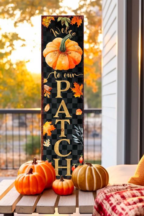 Wood Board Signs, Pumpkins Painting, Fall Pumpkins Painting, Fall Welcome Sign, Welcome To Our Patch, Door Banners, Porch Leaners, Rustic Wood Crafts, Autumn Farmhouse