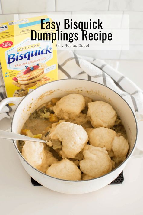 Add these easy Bisquick dumplings to your favorite homemade stew recipe. This recipe is quick to make with just 2 ingredients. Mix up pancake mix dough to enhance any savory dinner. Get the recipe from Easy Recipe Depot. Pancake Mix Dumplings Recipe, How To Make Dumplings With Bisquick, Dumplings Recipe Bisquick, Dumplings Made From Bisquick, Pancake Mix Dumplings, Bisquick Chicken Dumplings Recipe, Beef Stew With Bisquick Dumplings, Bisquick Dumplings For Stew, Bisquick Chicken And Dumplings Crockpot Easy Recipes