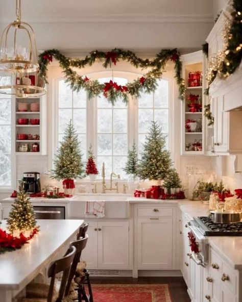 Christmas Kitchen Apartment, Christmas Ideas For The Kitchen, Traditional Christmas Kitchen, Top Of Refrigerator Christmas Decor, Grand Millenial Christmas Decor, Kitchen Garland Christmas, Bay Window Christmas Decorations, Christmas Small Kitchen Decor, Christmas Decor Ideas Kitchen Table