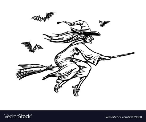 Broom Drawing, Drawing Of A Witch, Witch On A Broom, Witch On Broom, Witch Flying, Witch Drawing, Flying Witch, Meaningful Drawings, A Broom