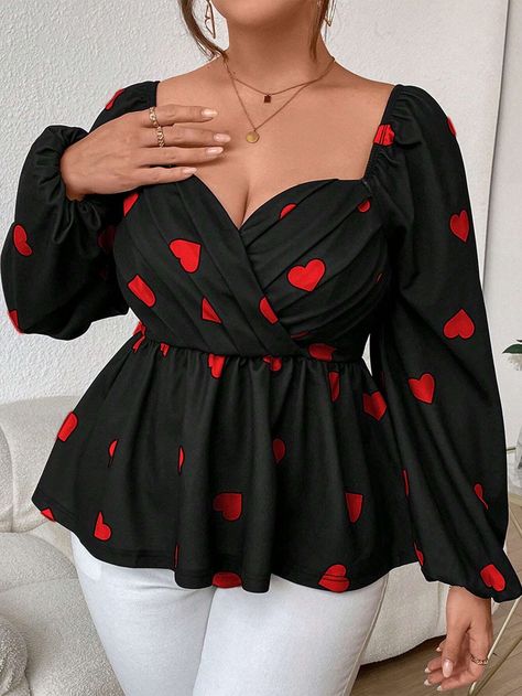 Heart Fruit, Lantern Sleeved Blouses, Fabric Heart, Lantern Sleeve, Plus Size Blouses, Lantern Sleeves, Heart Print, Plus Clothing, All Over Print