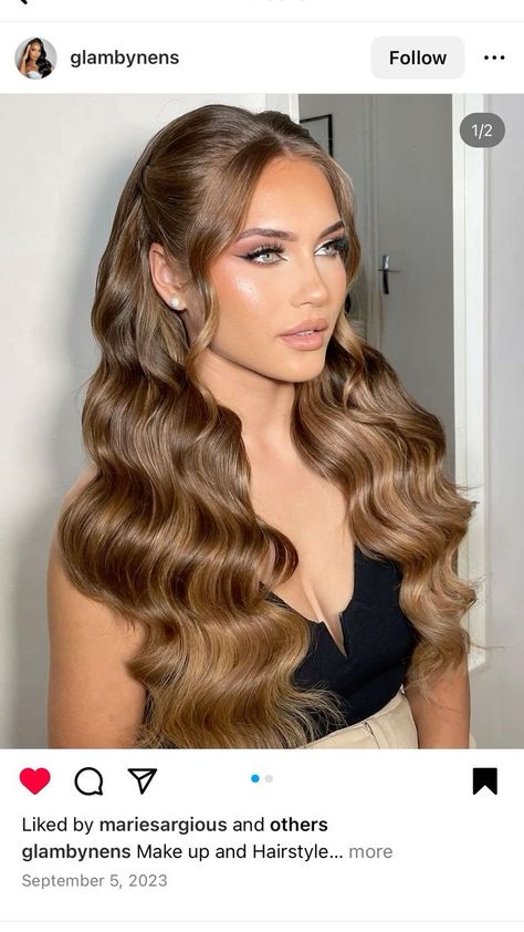 Wavy Hair For Wedding Guest, Hollywood Waves Wedding Hair With Veil, Bridal Hairstyle Half Up Half Down, Voluminous Half Up Half Down Wedding, Half Up Hollywood Waves, Elegant Wedding Hair Down With Veil, Hair Down Wedding Veil, Graduation Hair Ideas, Baby Shower Hairstyles