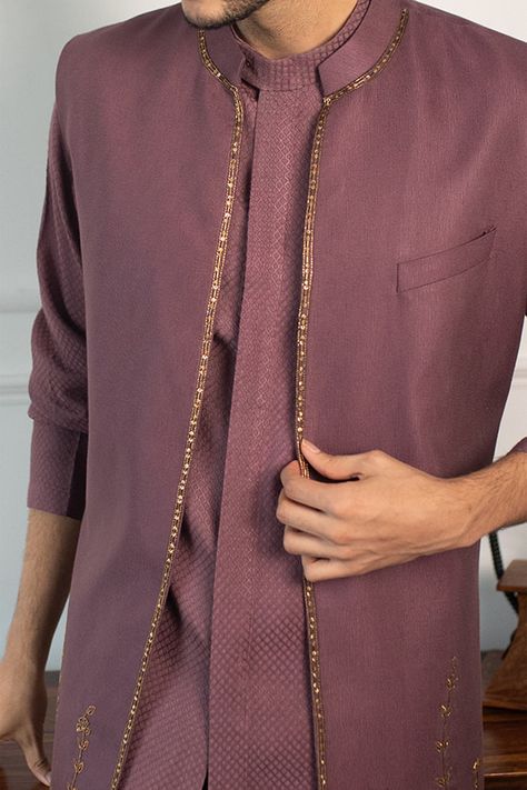 Buy Purple Textured Jacquard Jacket And Woven Kurta Set For Men by Contrast By Parth Online at Aza Fashions. Gents Shirt Design, Stylish Boy Clothes, Kurta Set Men, Gents Shirts, Indian Wedding Clothes For Men, Sherwani For Men Wedding, Wedding Kurta For Men, Placement Embroidery, Men's Wedding Outfit