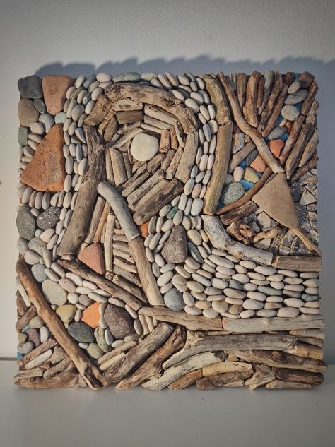 Mosaic made from driftwood and pebbles from beaches on island Krk, Croatia Stone And Driftwood Art, Driftwood Wall Art Mosaic, Building With Driftwood, Drift Wood Wall Art Beach Houses, Mermaid Driftwood Art, Teen Art, Mosaic Garden Art, Sticks And Stones, Mosaic Garden