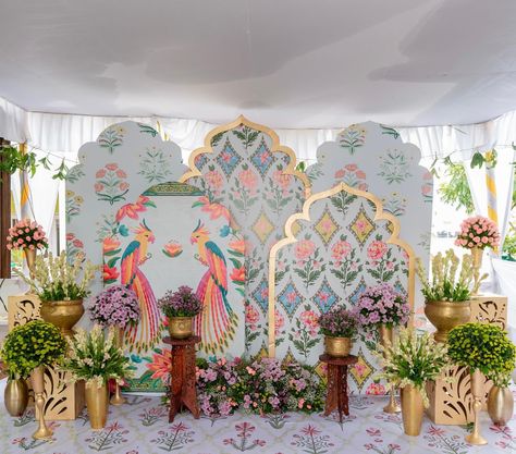 Embracing the printed arched prints inspired from traditional jaipur+pichwai gathered around with pastel flowers 🌸 Designed and curated… | Instagram Haldi Backdrop, Small Wedding Decor, Mehendi Decor Ideas, Wedding Stage Decor, Decoration For Ganpati, Wedding Stage Design, Personalized Wedding Decor, Ganpati Decoration Design, Mandap Decor