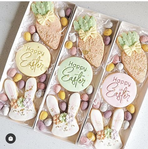 Easter Cookie Packaging, Easter Cookie Kit, Easter Biscuits Decorated, Easter Bakery Ideas, Easter Dessert Boxes, Easter Cookie, Easter Cakesicles, Easter Treat Boxes, Easter Cookies Decorated Ideas