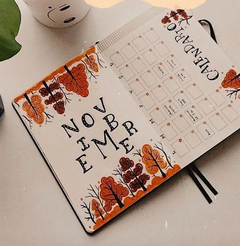 Fall Theme Journal, Pumpkin Bujo Theme, Fall Notes Aesthetic, October Reading Journal, November Spread Bullet Journal, Fall Journal Spread, November Journal Page, Thanksgiving Journal Ideas, November Bullet Journal Calendar