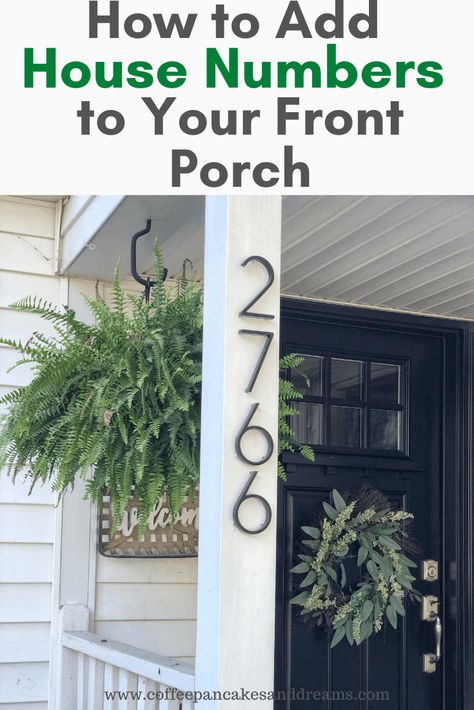 Add curb appeal to your home by installing metal house numbers. How to add address numbers to your house and how to choose the best house numbers. House Number On Column, Porch House Numbers, House Numbers On Porch Post, House Numbers On Post, Farmhouse Numbers On House, House Numbers On Brick Home, Colonial House Number Ideas, Ideas For House Numbers, House Numbers On Column