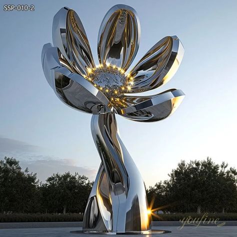 Mirror Polished Stainless Steel Flower Sculpture for Square - Garden Metal Sculpture - 2 Stainless Steel Sculpture, Flower Sculpture, Geometric Sculpture, Steel Flowers, Flower Sculptures, Steel Sculpture, Square Garden, Tree Sculpture, Landscape Artwork