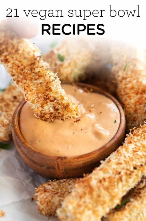 21 absolutely AMAZING & healthy VEGAN RECIPES to try for Super Bowl Sunday! Tofu Tenders, Vegan Super Bowl Recipes, Coconut Tofu, Vegan Superbowl Food, Vegan Super Bowl, Baked Coconut, Super Bowl Recipes, Vegan Protein Sources, Tofu Vegan