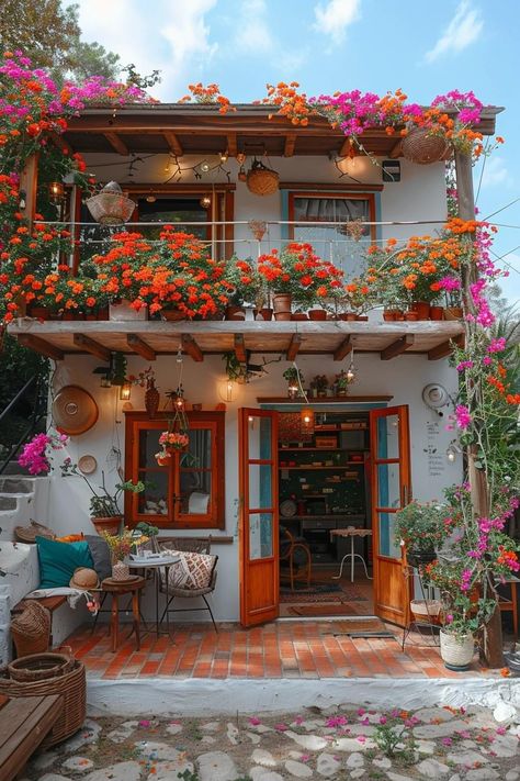 Small Hotel Aesthetic, Latin House Exterior, South American House, Boho Exterior House, Mexico House Ideas, Mexico Homes, Balcony House, Apartments Exterior, Beautiful Outdoor Living Spaces