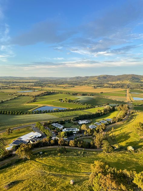 Birdseye view of Balgownie estate in the yarra valley from a hot air balloon. the sky is bright blue and Balgownie sits in between the soft hills of the valley. Giant Chess Board, Giant Chess, Balloon Company, Balloon Flights, Yarra Valley, Pool Day, Day Spa, Before Sunrise, Gorgeous View