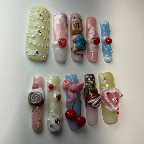 cake nails 🍰 • • • • • #nailsnailsnails #nailart #nails #naildesign #nailinspiration #nailinspo #gelx #gelxnails #gelnails #gelxtension #pressons #pressonnails #pressonnailsforsale #pressonnailset #pressonnailslovers #pressonnailbusiness #cake #cakenails #custom #customset Polymer Clay Nail Charms, Birthday Cake Nails, Cake Nail Art, Cake Nails, Themed Nails, Birthday Nails, Nail Charms, Nail Extensions, Nails Inspiration