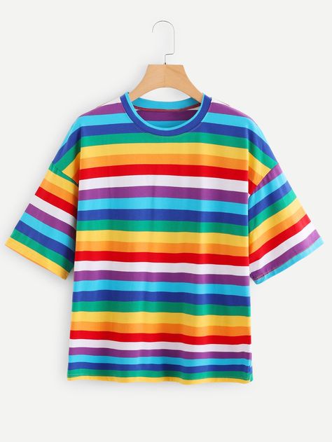 Rainbow Striped Tee -SheIn(Sheinside) Rainbow Outfit, Pride Outfit, Rainbow Shirt, Women T Shirts, Rainbow Stripes, Striped Tee, The Rainbow, Fashion Tops, Swimwear Tops