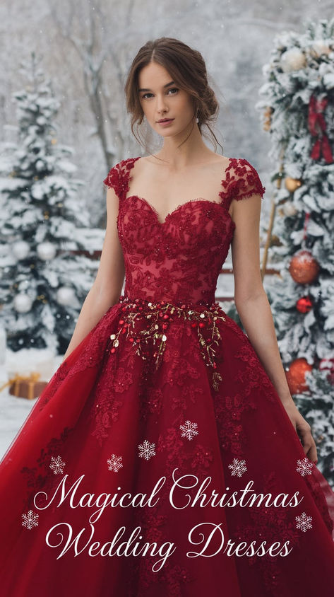 Magical Christmas Wedding Dresses 2025 Red Christmas Wedding Dress, Christmas Wedding Dresses Bride, Simple Winter Wedding Dress, Red Christmas Dresses, Christmas Wedding Dress, Older Bride Dresses, Red Christmas Wedding, Christmas Gown, Velvet Wedding Dress