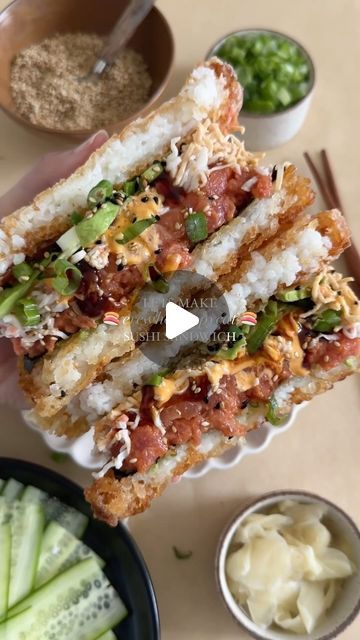 Hajar Larbah on Instagram: "sushi sandwich asmr 🍣 forgot to post this from last year 🫢 I just used the crispy rice recipe from the blog to make this into a sandwich and loaded it with salmon, crab meat, spicy tuna, some veg, spicy mayo, and unagi sauce!  #sushi #erewhon #sandwich #recipe #lunch #cooking #seafood #food #foodie #foodblog #foodstagram #yummy #eeeats #instafood #viral" Spicy Crab Crispy Rice, Erewhon Sushi Sandwich, Seaweed Wrap Sandwich, Erewhon Sandwich, Unagi Sauce Recipe, Sushi Wraps Recipes, Sushi Sandwich Recipes, Sushi Burrito Recipe, Crispy Rice Recipe