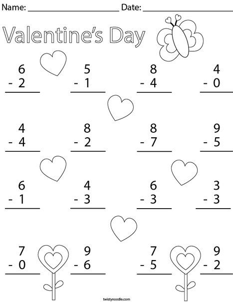 Valentine's Day Single Digit Subtraction Math Worksheet - Twisty Noodle Valentines Worksheets Kindergarten, Valentine Kindergarten Worksheets, Valentine First Grade Activities, Valentine Elementary, February Worksheets First Grade, Valentines Day Work Sheets For Kids, Valentines Day Worksheets 2nd Grade, Valentine’s Day Worksheet, Valentines Day Worksheets