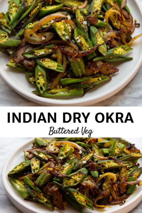 A dry Indian okra side dish recipe seasoned with turmeric and red chilis, plus three tricks for eliminating okra slime, how to buy okra, and tips for cooking okra. #okra #indian #indianrecipe #sidedish #dinnerside #butteredveg via @https://www.pinterest.com/butteredveg/ How To Prepare Fresh Okra, Ocra Recipe Indian, Indian Okra Recipes Curries, Curry Okra Recipes, Red Okra Recipes, Okra Side Dish Recipes, Okra Recipes Indian, Sauteed Okra Recipes, Dried Okra Recipe