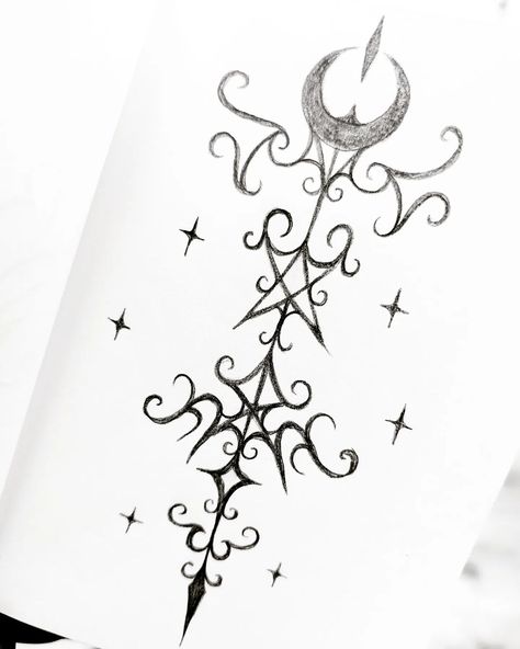 Cosmic Witch Tattoo, Hecate Tattoo Symbols, Witchy Drawing Ideas, Witchy Sketches, Witches Drawing, Witches Tattoo, Witchy Drawings, Lia Instagram, Goth Tattoos