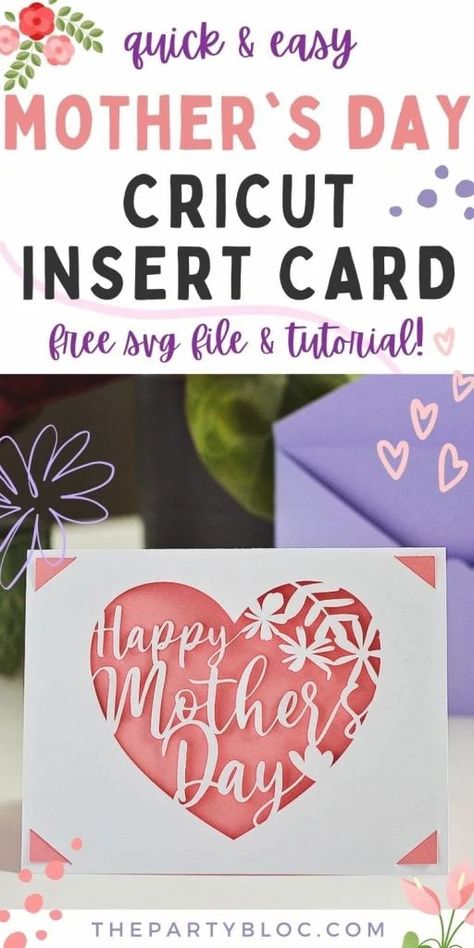 quick and easy Mother's Day Cricut Insert card. The card has a cutout heart and says "Happy Mother's Day" inside Free Mothers Day Cards, Cricut Projects Easy, Mothersday Cards, Diy Mother's Day, Projets Cricut, Happy Mother's Day Card, Cricut Projects Beginner, Mom Cards, Cricut Cards