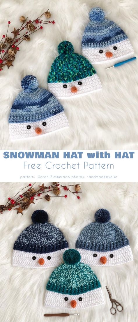 Snowman Hat Free Crochet Patterns - Your Crochet Crochet Snowman Hat, Snowman Hat Pattern, Crochet Character Hats, Crochet Christmas Hats, Crochet Baby Hat Patterns, Easy Crochet Hat, Crochet Snowman, Snowman Hat, Crocheted Hats