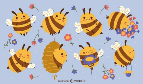 Cute nature bee character set Cute Bee Drawing, Cute Bee Illustration, Bee Character Design, Bee Illustration Graphic Design, Bees Illustration, Bee Character, Bee Vector Illustration, Bee Vector, Bee Illustrations