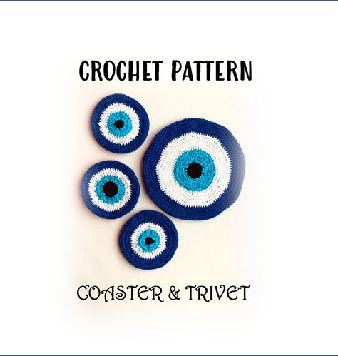 Evil Eye Coasters, Easy Crochet Patterns For Beginners, Coaster Pattern, Crochet Hook Size, Crochet Coaster Pattern, Crochet Coaster, Easy Patterns, Try New Things, Thick Yarn