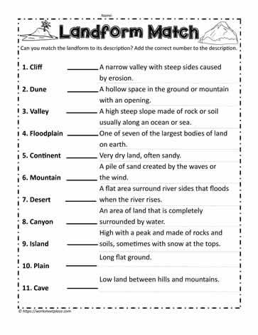 Landform Match Landforms Worksheet Free Printable, Land Forms Worksheet, 4th Grade Social Studies Worksheets, Landforms Worksheet, Landforms Activities, Geography Printables, Land Forms, Teaching Worksheets, Mountain Desert