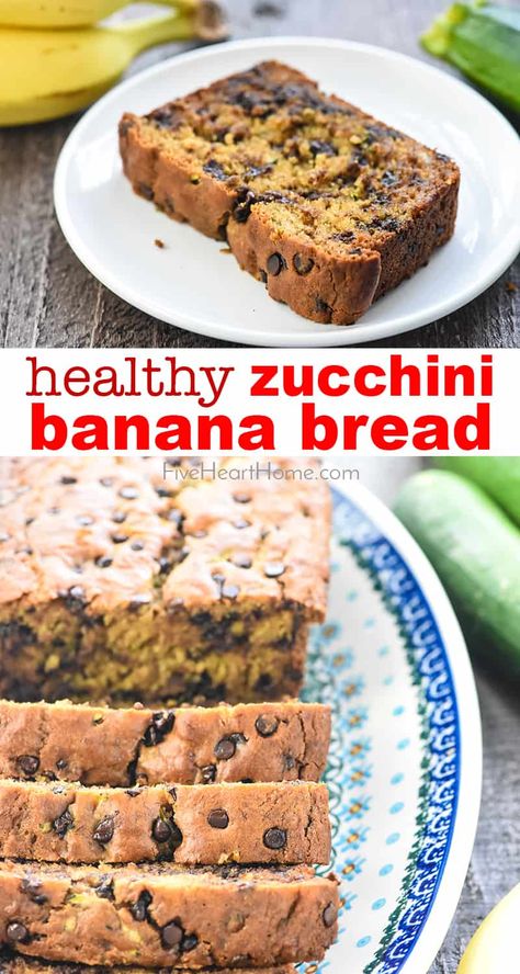 Healthy Zucchini Banana Bread is moist and delicious, made with whole wheat flour and sweetened with honey for the perfect way to use up abundant zucchini and overripe bananas! | FiveHeartHome.com #zucchinibread #bananabread #zucchinibananabread #zucchini #wholewheatflour Banana Zucchini Bread Recipe, Zucchini Banana Bread Recipes, Healthy Chocolate Zucchini Bread, Banana Zucchini Bread, Banana Zucchini, Zucchini Bread Healthy, Banana Bread Cake, Zucchini Banana, Zucchini Banana Bread